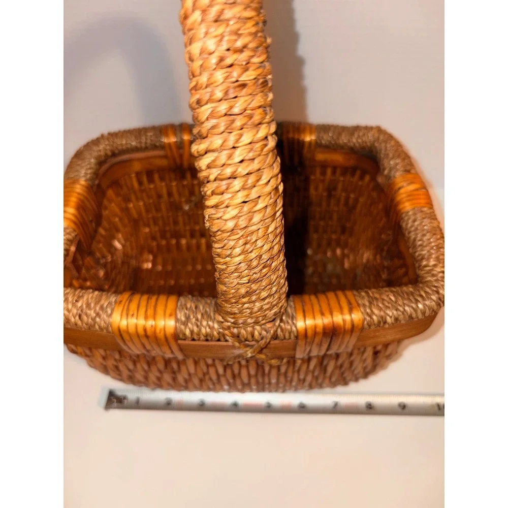 Vintage Woven Wicker Basket with Seagrass Wrapped Handle Rectangular Brown Decor